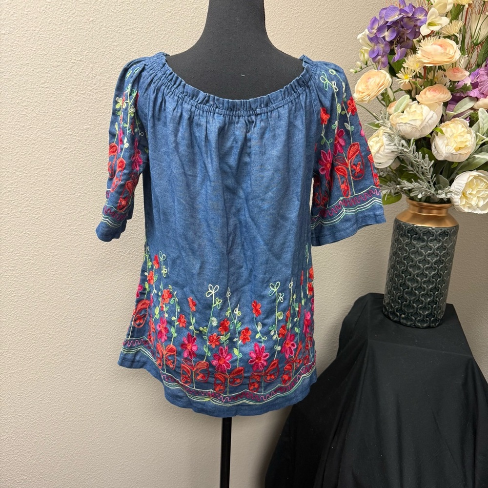 SIRE XL Denim Peasant Top Boho Embroidered Floral Festival Tunic - Picture 3 of 8
